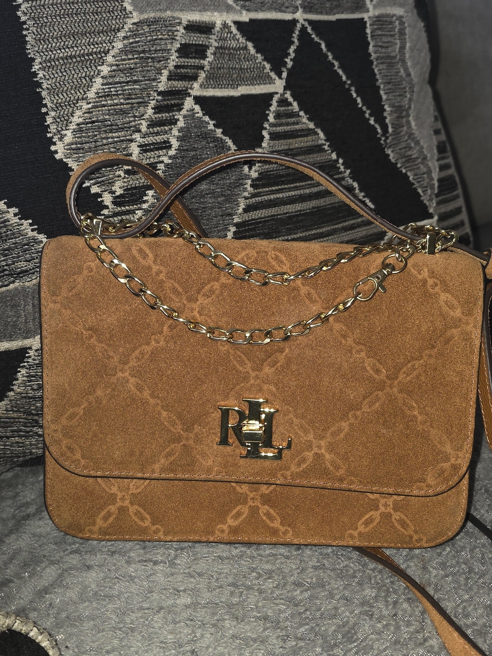 Ralph Lauren Cognac Suede Chain-Accent Shoulder Bag
